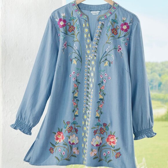 Embroidered Blue Floral Women's Top - Picture 1 of 7